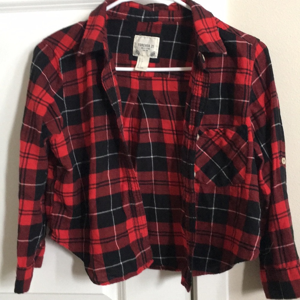forever 21 red and black cropped flannel